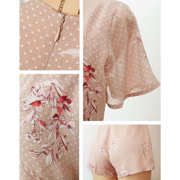 NEW Beige Polka Dots Short Sleeve Tie Front Romper - Picture 7 of 10